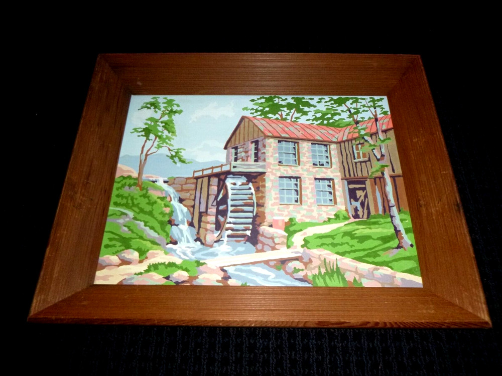 Vtg 50s Paint By Number Craftint Old Mill Water Wheel River 19.5×15.5″