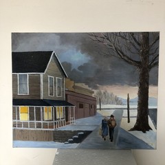 American Folk Original Painting Americana House Homestead Winter 20 x 16