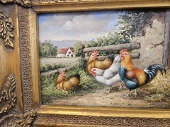 Beautiful CHICKENS ON FARM Farmhouse Miniature Oil Painting in Ornate Gold Frame