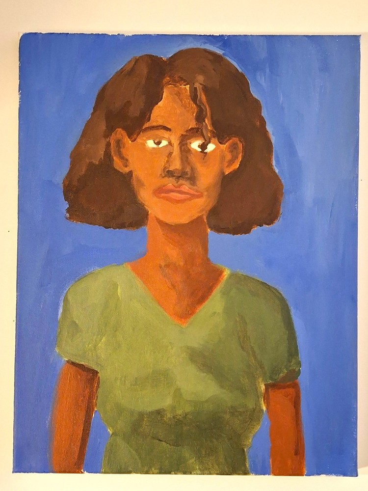 Face and Bust of a Woman in Green Shirt- Portrait On Canvas with Acrylic Paint