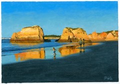 art painting 24 x 34 cm 41SkS oil paints Ocean cliffs in the rays of the sunset