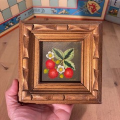 Miniature Oil Painting on Wood, Strawberries, Signed Morel, w Ornate Frame 3″sq