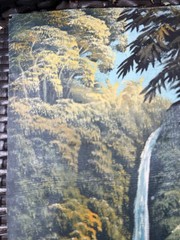 Antique Waterfall Oil Painting On Canvas Burlap Indonesian Rainforest Signed VTG