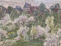Spring Fruit Tree Blossom Castle Slope Expressionist 1949 Illegibly Signed Oil
