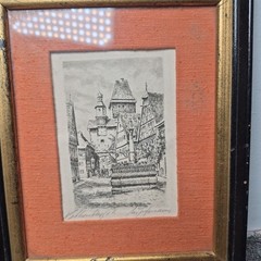 Vintage Pair Of 2 Mini Lithographs Signed European Architecture Framed