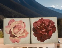Vntg MCM Original Oil Painting Pink Red Rose Still Life 24” X 24” Set Of 2