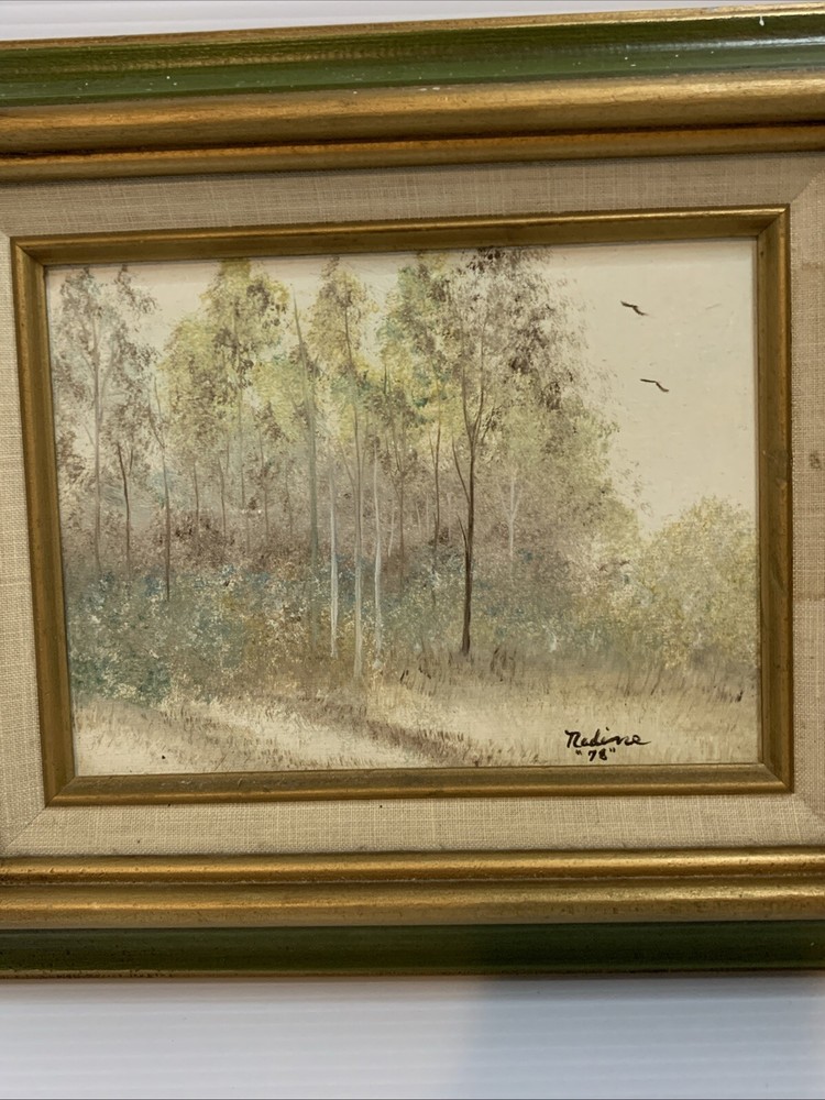 Small Acrylic Painting Signe „Nadine 78“ Trees and Bushes Professionally Framed