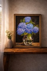 Blue Hydrangeas Painting Framed Floral Wall Art Cottage Decor 20×16
