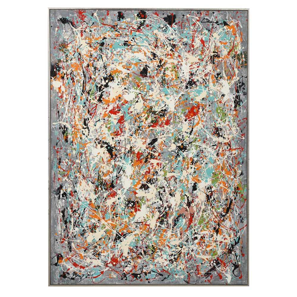 Oversize Abstract Spatter Modern Painting Wall Art 61in Gray Orange Silver Frame