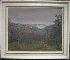 Oil Painting Church By The Sea Bay At Dusk Antique Signed Brown!