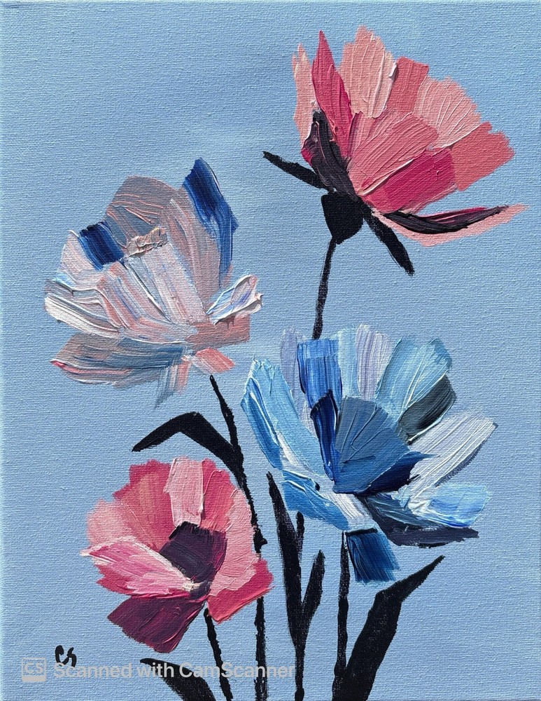Impasto Pink Blue Flowers Original Acrylic Painting 11×14 Signed Canvas Art
