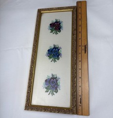 Floral Cross-Stitch Wall Art Gold Ornate Frame Trio of Pansy Flowers 14×6 Framed