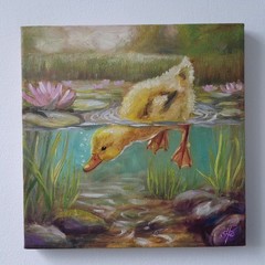 Diving Duckling Original Oil Painting Duck Pond Wildlife Animal Nature Art Gift