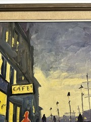 MID CENTURY PAINTING EVENING COAST MARINA CAFE IMPRESSIONIST MODERNIST LISTED