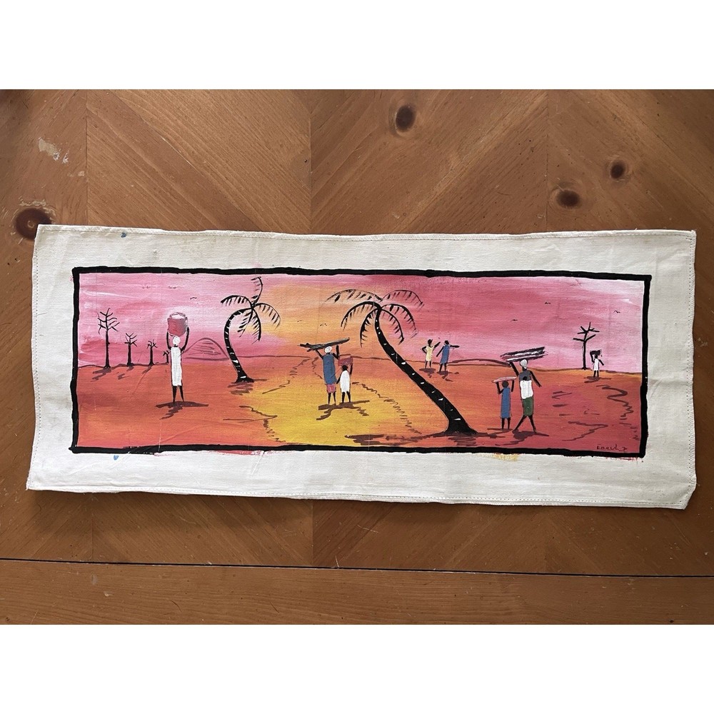 African Influenced Canvas Tapestry Tribal Artwork Sunset Stylized Figures Signed