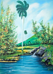 Vintage Cuban Folk Art Landscape Painting Tropical River Palm Trees Acrylic/Boar