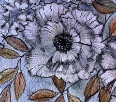 9”X12” Pamela Wilhelm Original Watercolor Ink Grey Gray Flowers Amber Leaves