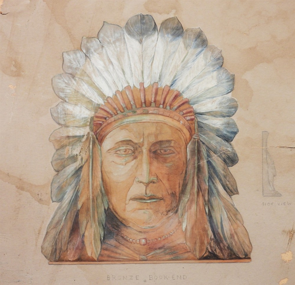 Indian Chief Bronze Bookend Working Drawing Model Watercolor Painting
