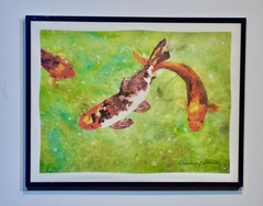 Arcrylic painting, -Framed signed Rosemary Ade- three Koi in a pond.