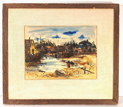 1959 ORIGINAL WATERCOLOR HARBOR VILLAGE SIGNED JAMISON ORIGINAL WORMWOOD FRAME