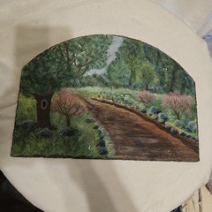Vintage Hand Painted Slate Walking Path And Flowers Scene Landscape 13×9.5in