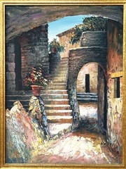 VTG Mid-20th C Orig. Impressionist O/C „Italian Courtyard“ Signed Kostas, Framed