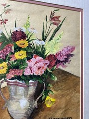R Habermann 1966 „Still Life With Flowers Scene“ Gouache Painting -Signed/Framed