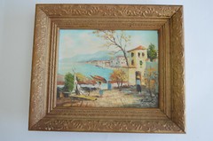 ORIGINAL ITALIAN SCHOOL PAINTING SIGNED MEDITERRANEAN VILLAGE SCENE FRAMED O/C