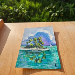 Beach Island Painting Tropical Seascape Palm Trees Ocean Landscape Art Postcard