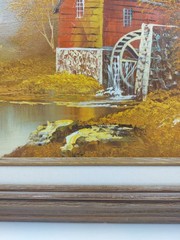 Vintage MCM Original Robert Moore Oil Painting of Old Mill in Autumn – Framed
