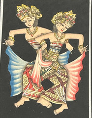 Vintage 1960s Balinese Original Hand Painting Rama & Sita Dancers. Wood Frame