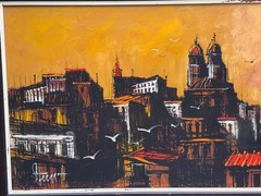 STUART SIGNED VANGUARD STUDIOS OIL PAINTING MCM LARGE BIG WALL 1967 BUFFET STYLE
