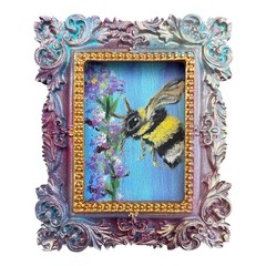 Bumblebee & Lavender miniature art watercolor print in vintage ornate frame