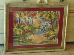 FRAMED DEER PAINT BY NUMBER signed Steve Davis custom wood frame matte & glass