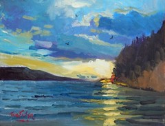 sunrise bird sky sunset lake blue yellIow Impressionism Landscape Oil Painting