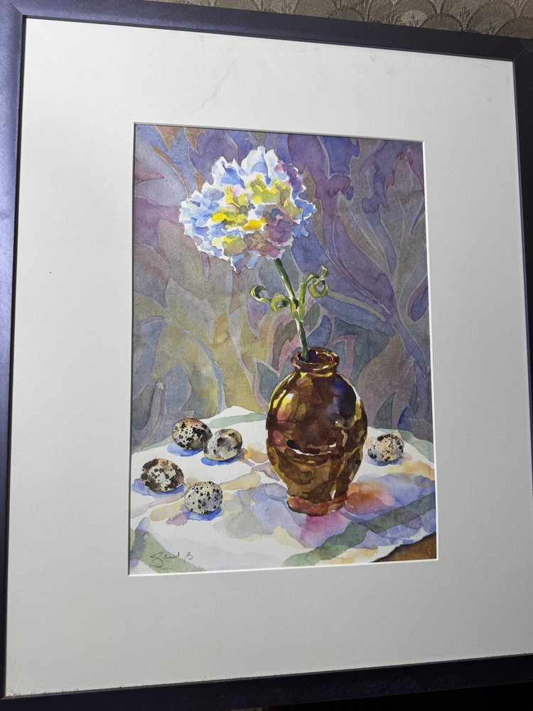 Grace Bracegirdle (1944 – 2023) „Quail Eggs And Carnations“ WC Painting – Framed