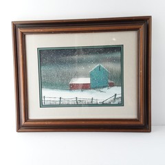 Original Mixed Media Painting Barn In Snow – Acrylic & Ink Signed Framed 10″x13″