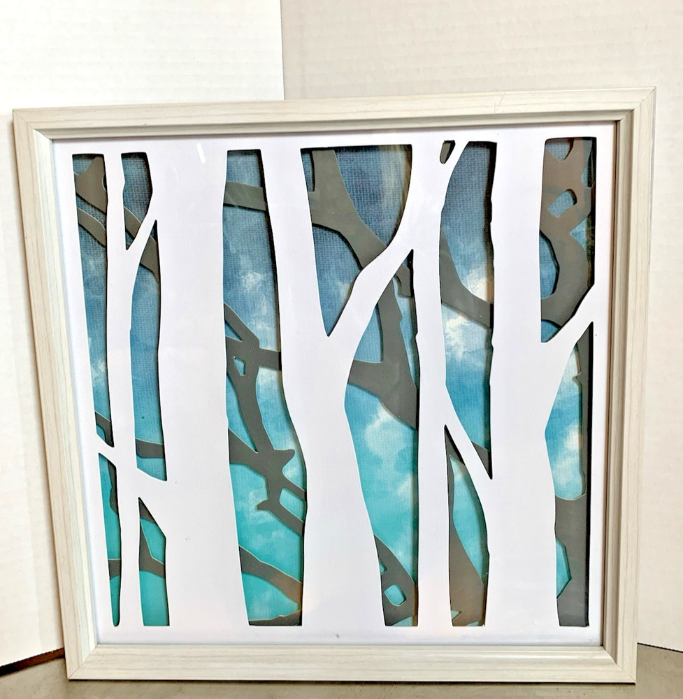 Three Dimensional Framed Watercolor Blues I Birch Tree Wall Art Decor 15″ X 15″