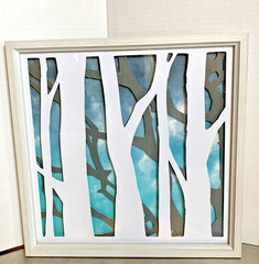 Three Dimensional Framed Watercolor Blues I Birch Tree Wall Art Decor 15″ X 15″
