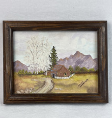 Vintage Original Oil Painting Farmhouse Mountain Landscape Rustic Framed 10×8