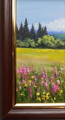 Original Oil Painting Landscape Field with Wild Flowers Framed Wall Art 4 x 4 in