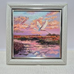 original autographed oil painting framed. An Evening by the Pond.4x4in.