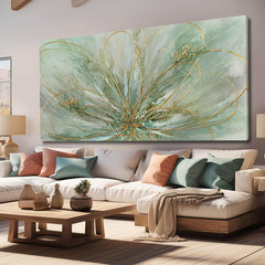 Elegant Green and Gold Abstract Blossom Oil Painting for Home Decor 30×60