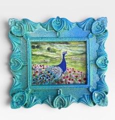 Peacock Landscape mini watercolor bird print of original painting • ornate frame