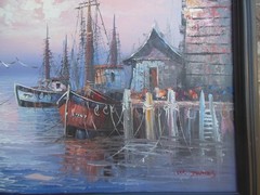 Vintage W. Jones Signed Oil Painting Harbor Boats Seascape Framed Art 23″ x 19″