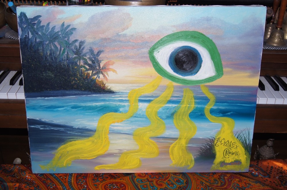 BEACH EYE UFO Psychedelic Ancient Mod Original Oil Painting ALEX CROWLEY Signed