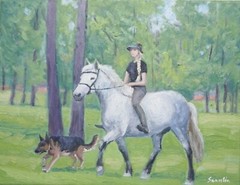 Sean Wu, Original 14×18″ oil on stretched canvas, riding horse while walking dog