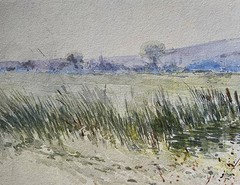 1910 Delicate Double-sided landscape watercolor by G.M. Hammell listed OH artist