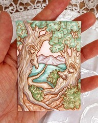 Original ACEO: Watercolor Fantasy Landscape, Two Sleeping Tree Spirits