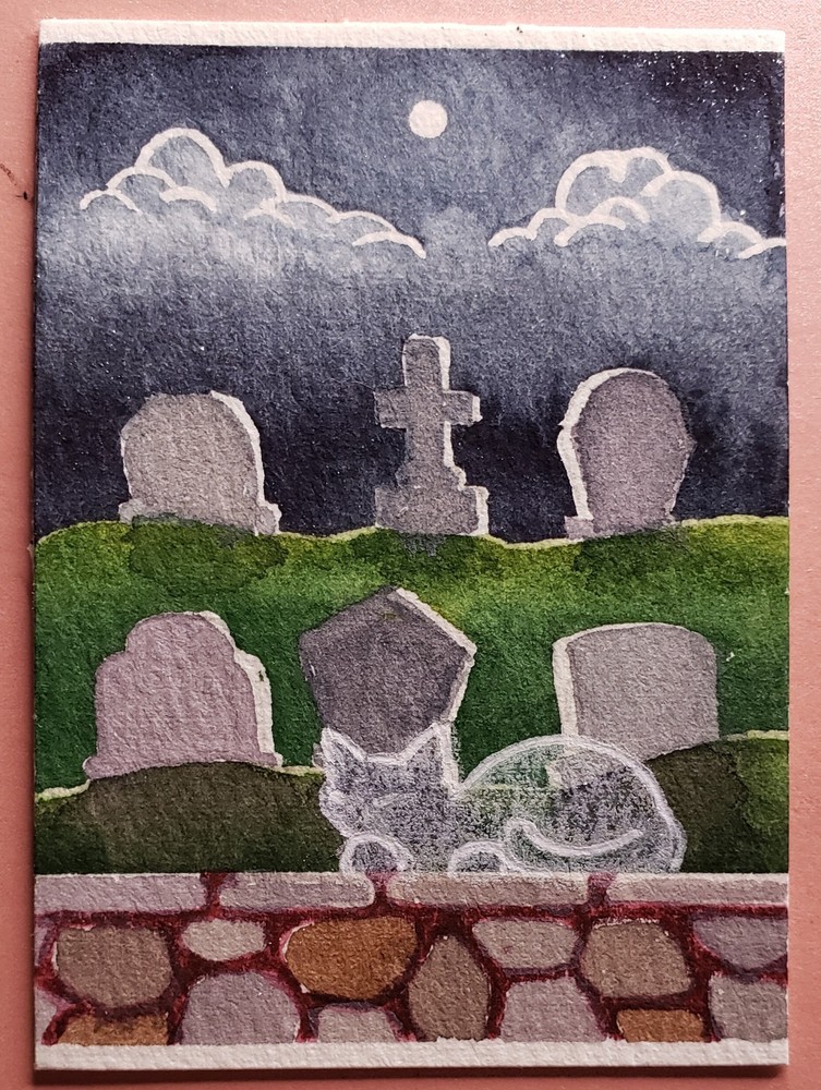 aceo original art ooak framed ghost kitty cat cemetery full moon signed
